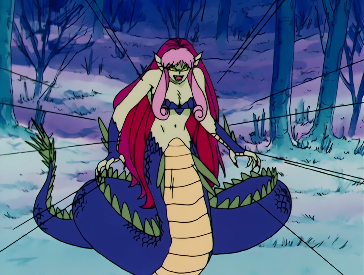 The Lake Monster from Sailor Moon episode 40. Her upper body is humanoid with light green skin and long pink hair, with large fin-like ears. Her lower body is serpentine and very long, covered in dark blue scales.